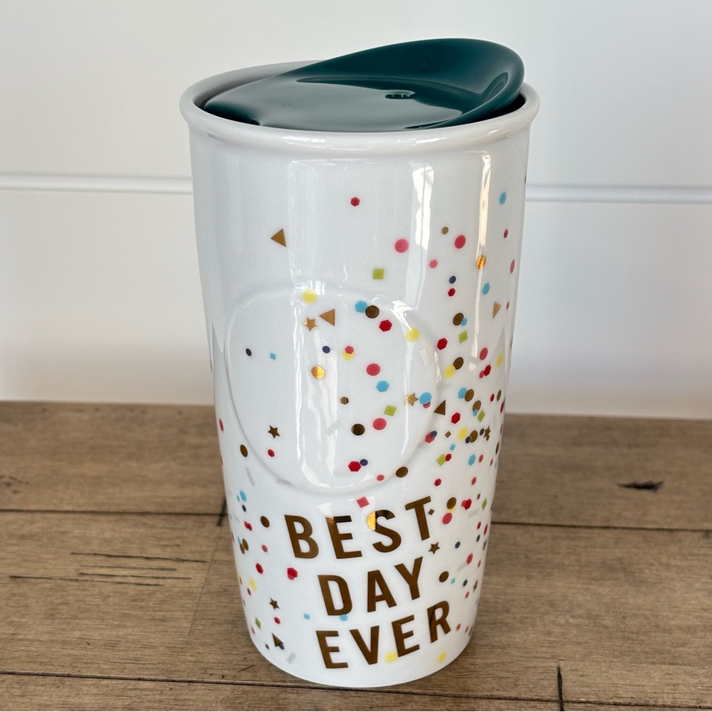 Starbucks "Best Day Ever" confetti Ceramic Travel Tumbler with Lid 10 oz